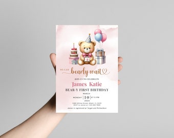 Bear 1st Birthday Invitation: Printable Boy Birthday Invite (Digital Download)