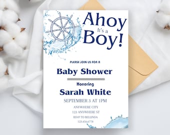 Nautical Baby Shower Invitation: Ahoy It's a Boy (Editable PDF)