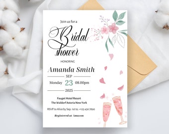 Petals and Prosecco Bridal Shower Invitation: Editable Pink Floral Design (PDF)
