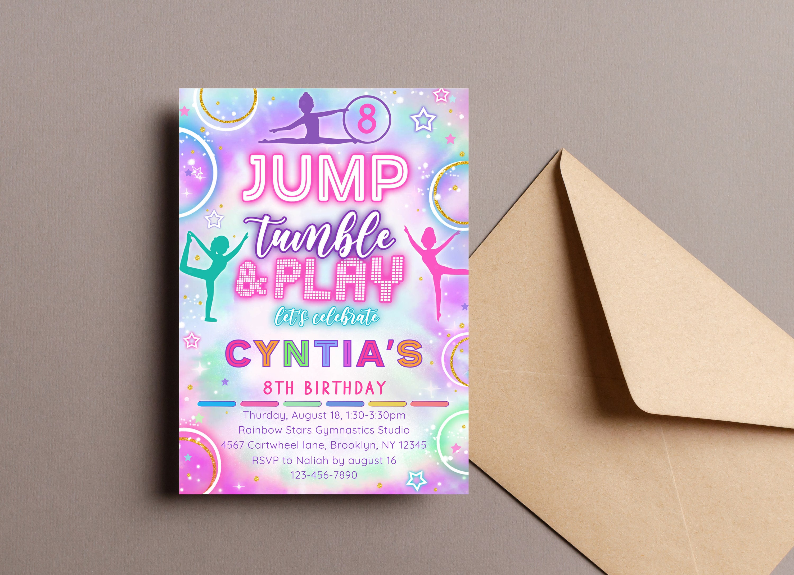 Editable Jump Tumble Play Gymnastic Neon Birthday Invitation, Jump ...