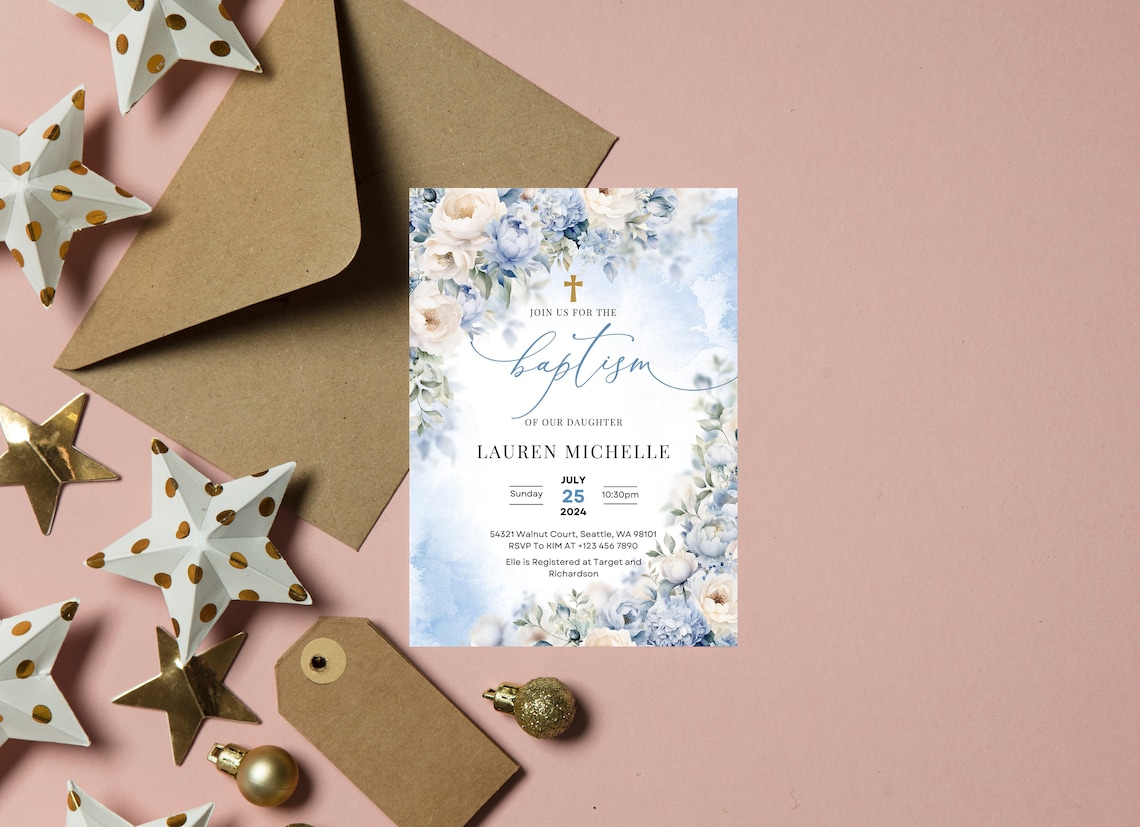 EDITABLE Baptism Invitation Template, Botanical Printable Baptism