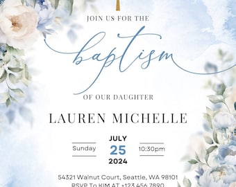 Botanical Baptism Invitation Template: Blush Floral (Editable Printable)