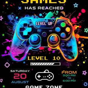 Invito di compleanno per videogiochi modificabile per giocatori, festa di compleanno per ragazze giocatori, festa di compleanno per videogiochi al neon Level Up, invito per feste di videogiochi al neon LEVEL UP
