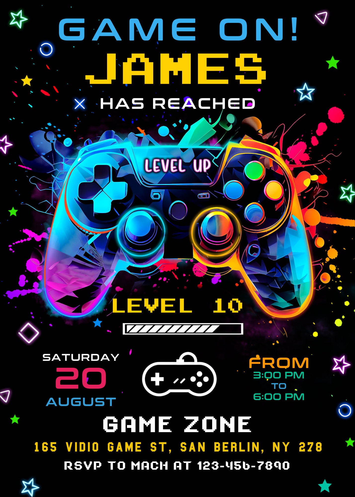 Gamer Editable Video Game Birthday Invitation, Gamer Girl Birthday Party, Neon Game Level Up Birthday Party, Glow Game Party LEVEL UP INVITE