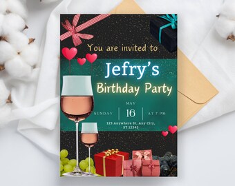 Glitter Cheers Birthday Invite: Neon Wine & Champagne (Editable PDF)