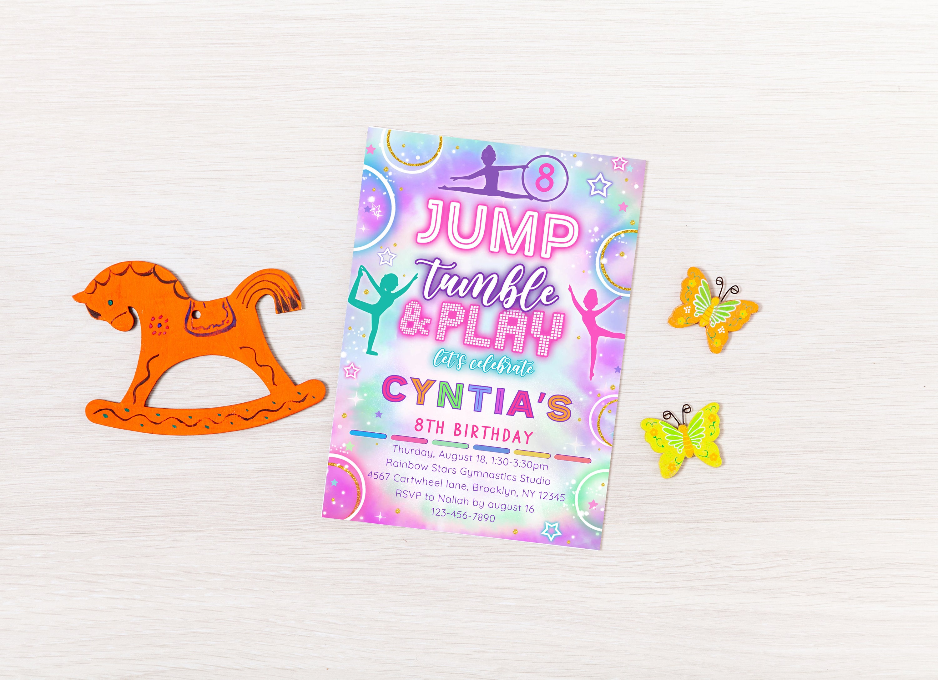 Editable Jump Tumble Play Gymnastic Neon Birthday Invitation, Jump ...