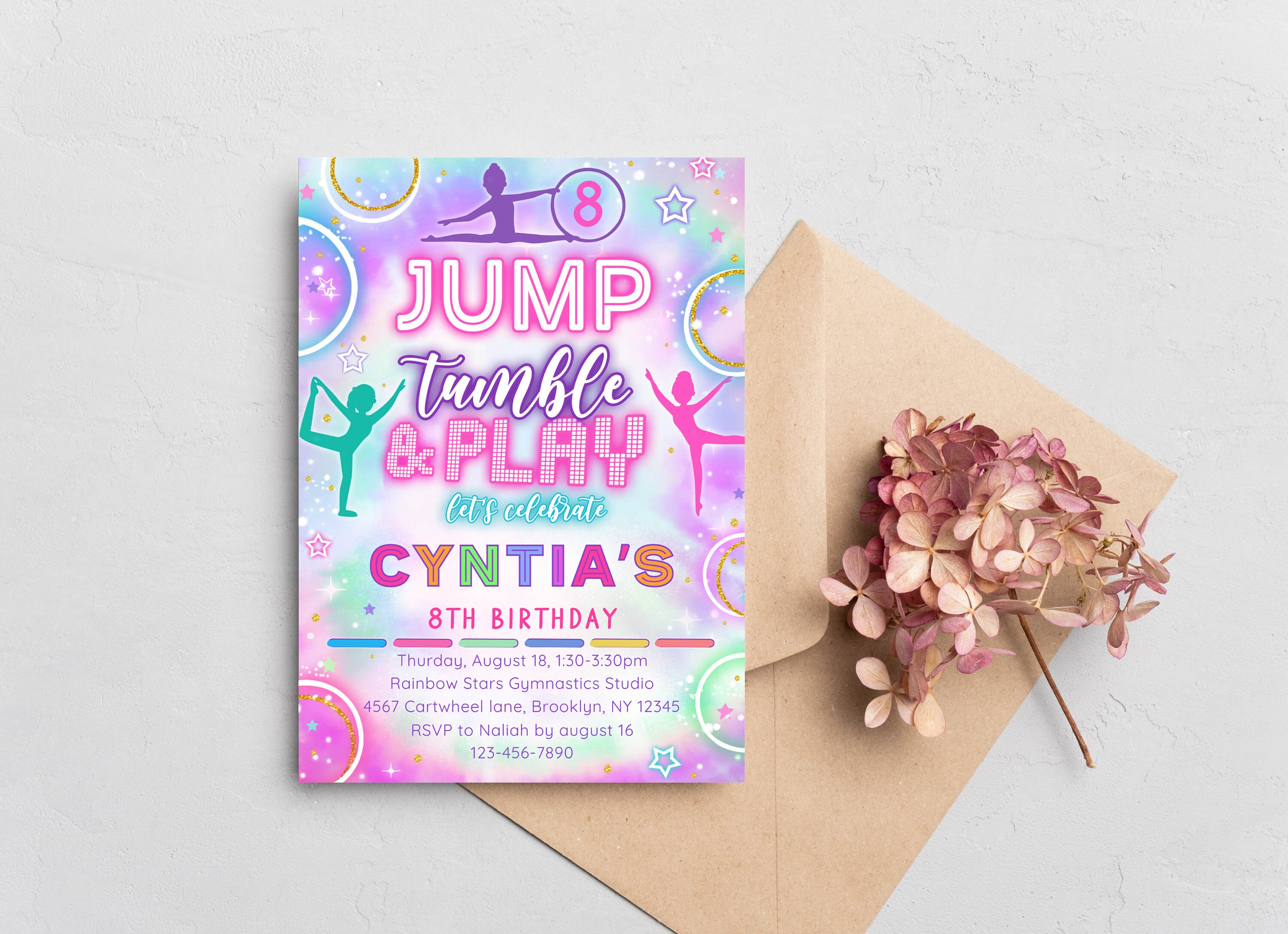 Editable Jump Tumble Play Gymnastic Neon Birthday Invitation, Jump ...
