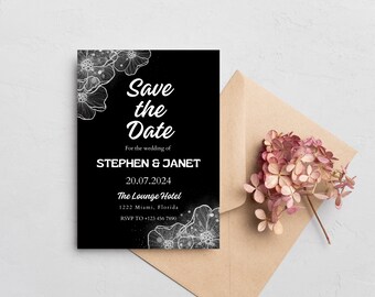 Black and White Floral Wedding Invitation Template (Digital Download)