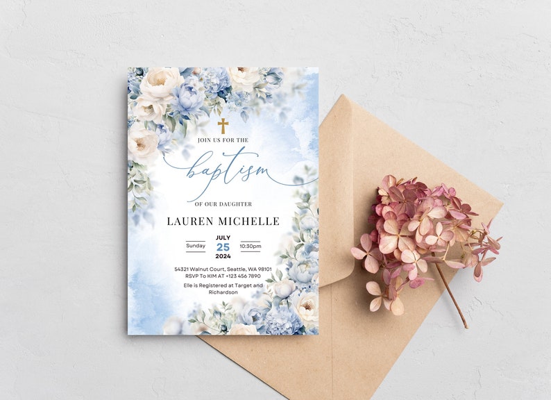EDITABLE Baptism Invitation Template, Botanical Printable Baptism ...