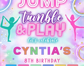 Editable Jump tumble play gymnastic Neon Birthday Invitation, Jump Party Invite Template, Glow Neon Invite, Dancing Girl Birthday Invitation