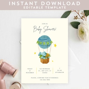 Elephant Hot Air Balloon Baby Shower Invitation Template (Canva Digital Download)