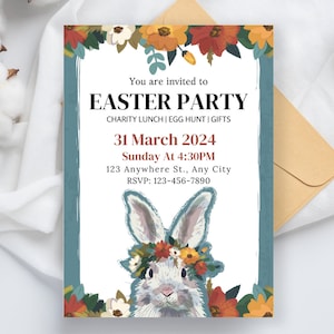 Invitación editable a la fiesta benéfica de Pascua de la comunidad, folleto de evento sin fines de lucro, plantilla de invitación a la búsqueda de huevos de Pascua de la iglesia escolar, recaudación de fondos de Pascua