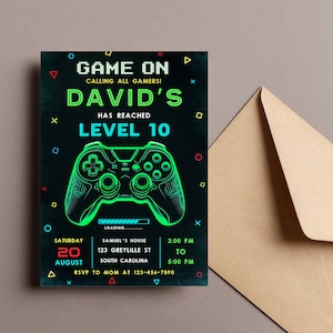 May include: A neon green and black gamer-themed party invitation with a video game controller graphic. The invitation reads "Game On! Calling all gamers! David's has reached Level 10".