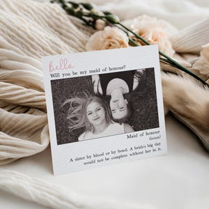 Gepersonaliseerde foto bruidsmeisje voorstelkaart, Be My Bridesmaid Bloemenmeisje, voeg een foto toe Wedding Planning Party Gift Friend Sister
