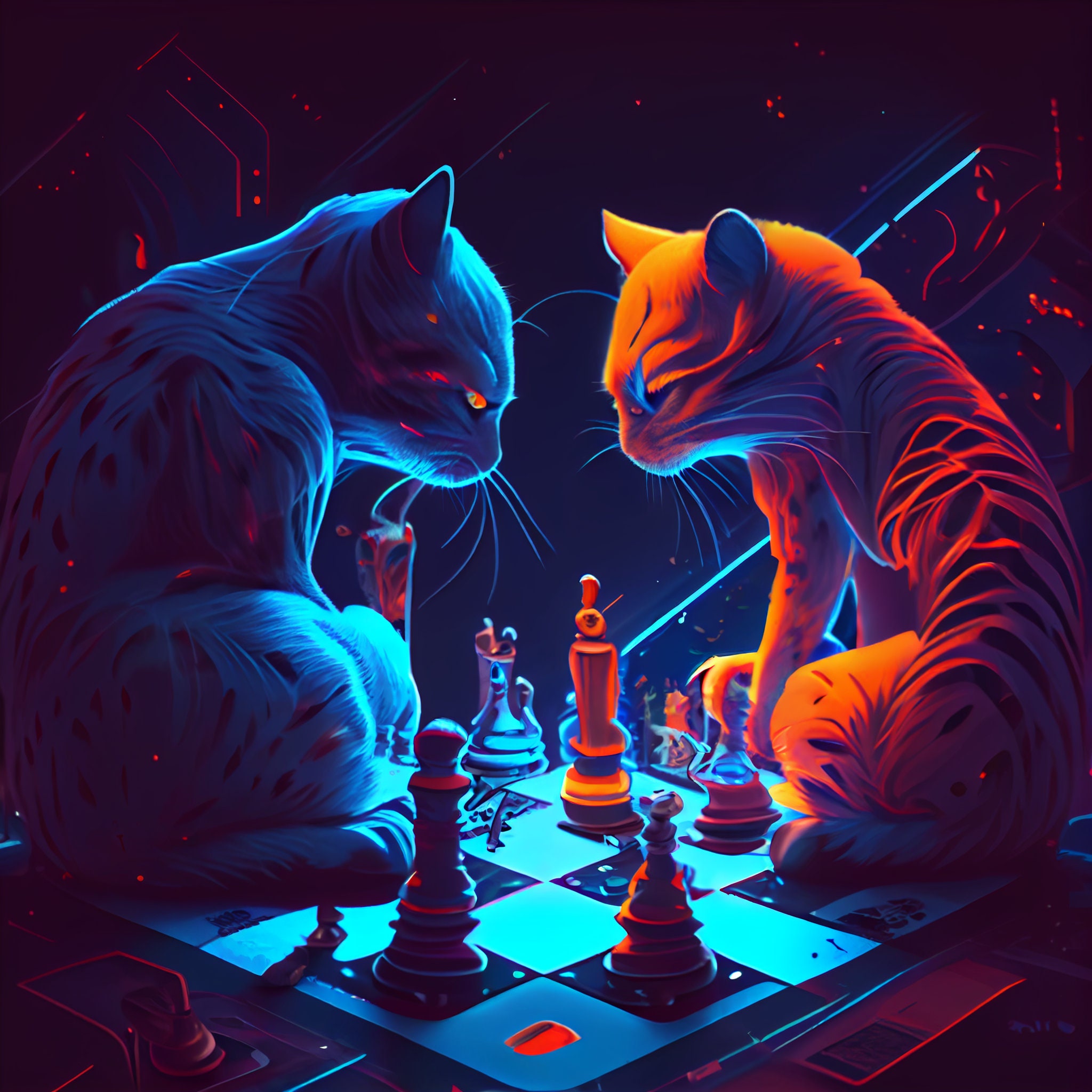 A chess board set up for a strategic game in hyper realistic brilliant neon  rainbow cyber punk