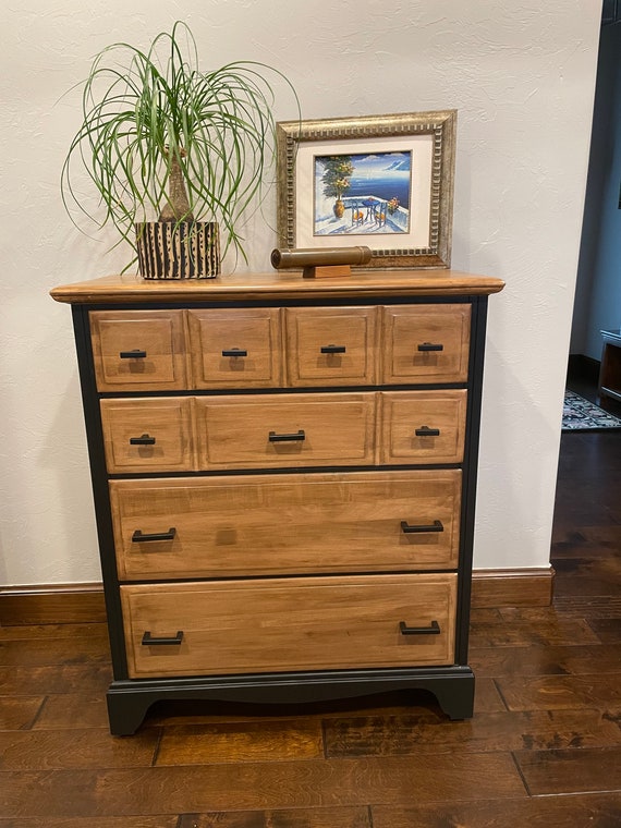 SOLD- Stunning, All Wood Updated Chest of Drawers With Beautifully Finished  Wood Top and Drawers Stained in Walnut With Black Body - Etsy