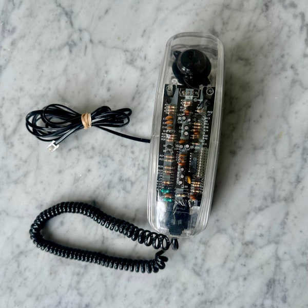 Vintage 1980’s Radio Shack Clear See Through Black Landline Telephone with Blue Neon Tube Light