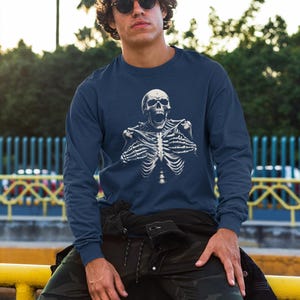 Skeleton Ripping Ribcage Scare Halloween Shirt, Spooky Horror Tee, Bone Chilling Skeleton Long Sleeve Tee, Halloween Graphic Tee