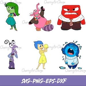 May include: Digital clipart featuring the five main emotions from the movie Inside Out: Joy, Sadness, Anger, Fear, and Disgust. Each character is depicted in a cartoon style with bright colours and expressive features. The characters are isolated on a black background.