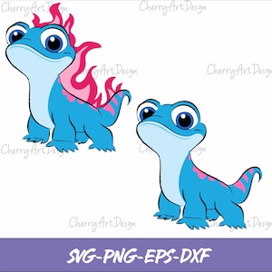 Può includere: Due illustrazioni di cartoni animati di una creatura blu simile a una lucertola con grandi occhi blu. Uno ha fiamme rosa sulla testa e sulla schiena. L'altro ha un design simile. Il testo "SVG-PNG-EPS-DXF" è in basso.