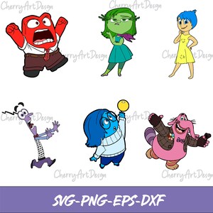 May include: Digital clipart featuring the characters from the movie Inside Out. The characters are Joy, Sadness, Anger, Fear, and Disgust. The characters are in a cartoon style and are colorful. The characters are isolated on a black background.
