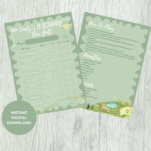 Puede incluir: Dos hojas imprimibles de color verde claro para un juego de golf de bar. La hoja izquierda tiene una tarjeta de puntuación con el texto "Emily's Birthday Bar Golf". La hoja derecha tiene las reglas y las penalizaciones. La esquina inferior izquierda tiene el texto "Instant Digital Download".
