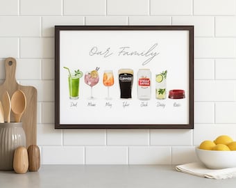 Póster personalizado de bebidas familiares: arte para el bar y la cocina del cliente, solo descarga digital