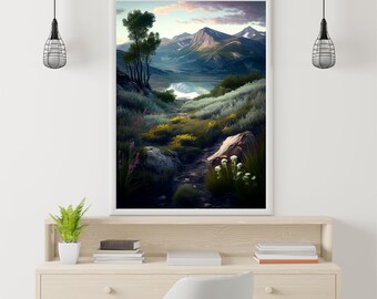 Puede incluir: Una fotografía de paisaje enmarcada de una cordillera con un lago en primer plano. Las montañas están cubiertas de árboles y arbustos verdes, y el lago es de un azul profundo. El cielo es de un azul claro con algunas nubes. La fotografía está colgada en una pared blanca.