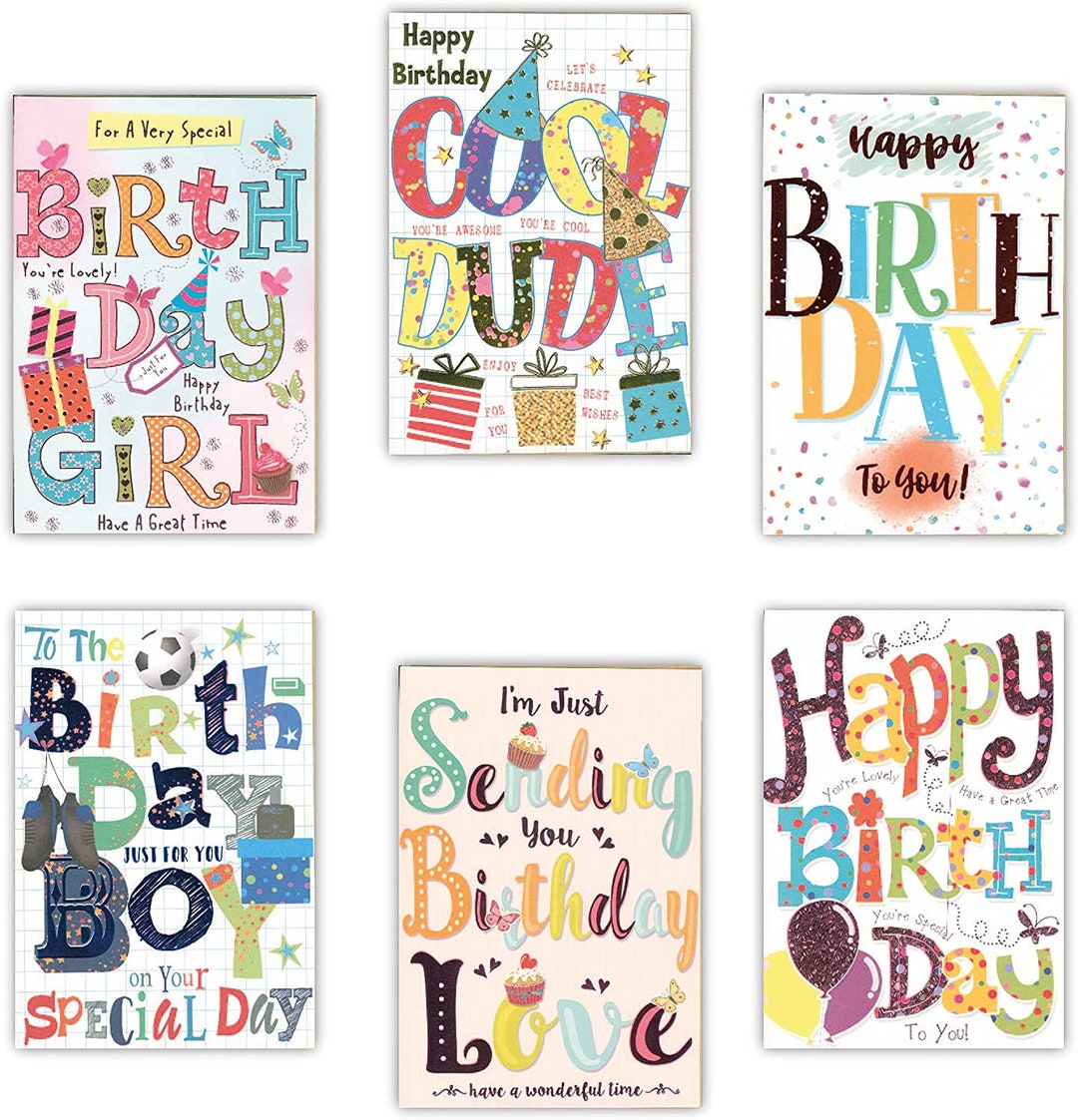 Pack of 6 Assorted Large Birthday Cards. Fun Designs. All Etsy