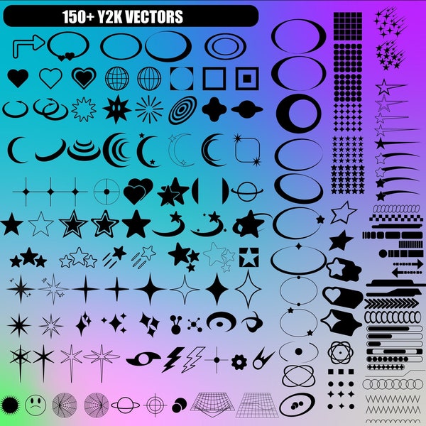 150 Y2k Vector/Icon/Shapes bundle pack for Brand and graphics design 2000s style adapted for clothing design, y2k template ,SVG,PNG, AI