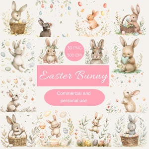 Cute Easter Bunny Clipart Bundle, Egg Hunt PNG, Watercolor Easter Eggs Clipart, Junk Journal, Spring Clipart, Floral Easter Bunny Graphics