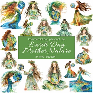 Pacote de clipart da mãe natureza, Dia da Terra, Mãe Terra, ecológico, lindo planeta Terra, PNG de 300 DPI, clipart em aquarela, Junk Journal