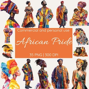 Pacchetto di clipart African Pride, storia dei neri, uomo e donna neri, patrimonio panafricano, fauna selvatica africana, PNG 300 DPI, acquerello, diario spazzatura