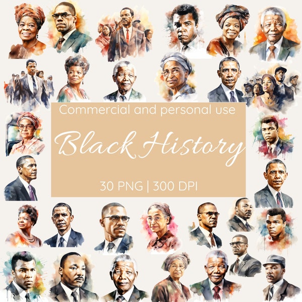 Black History Clipart Bundle, US Black Figures, Obama, MLK, Malcolm X, Rosa Parks, Mandela, 300 dpi PNG, Watercolor Clipart, Junk Journal