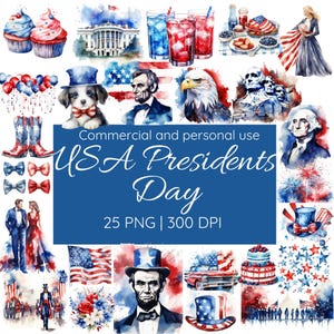 USA American Presidents Day July 4 Clipart Bundle, President Abraham Lincoln George Washington, 300 DPI PNG Watercolor Clipart, Junk Journal