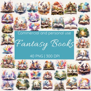 Fantasyboeken clipartbundel, magische mythische openboekenliefhebber, leesmaand, World Book Day, 300 DPI PNG, aquarel clipart, junk Journal