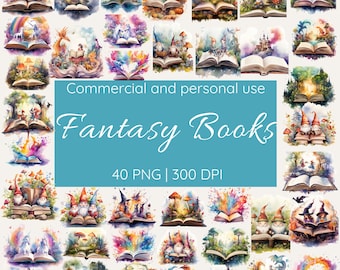 Fantasy Books Clipart Bundle, Magical Mythical Open Book Lover, Reading Month, World Book Day, 300 DPI PNG, Watercolor Clipart, Junk Journal