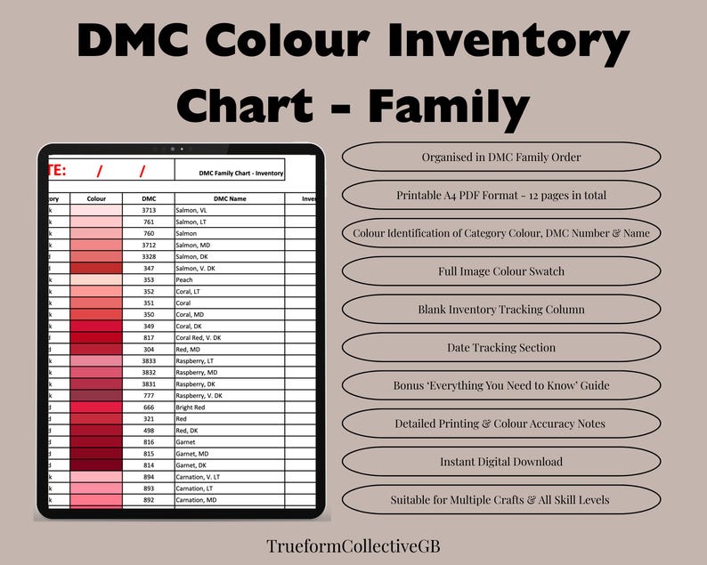 DMC Colour Family Inventory Chart – Printable Colour Tracking Table ...