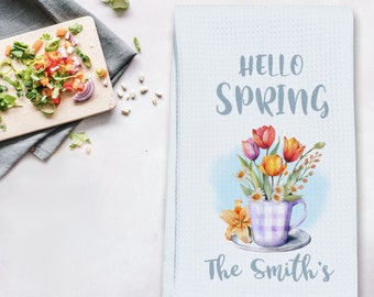 Custom Spring Flowers In Plaid Mug Kitchen Towel,Hello Spring Tea Towel,Spring Flower Name Kitchen Towel,Name Dish Towel,Spring Gift For Her