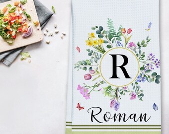 Mother‘s Day Gift Personalised Floral Monogram Letter R Tea Towel,Custom Flower Family Name Kitchen Towel,Name Dish Towel,Gift For Grandma
