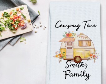 Custom Cute Funny Camping Towel,Camping Time Kitchen Towel,Camper Name Tea Towel,Camping Dish Towel,Gift For Camper,Kitchen Decor Gift