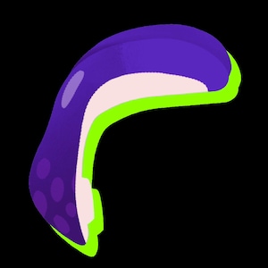 Puede incluir: Una forma abstracta de color morado y verde con un diseño redondeado y curvo. La forma tiene una superficie texturizada y un contorno verde brillante.