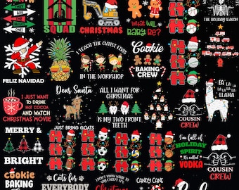 May include: A black and red Christmas themed design with various illustrations and text. Some of the text includes "Dear Santa", "I Dig Christmas", "Cookie Baking Crew", "Merry & Bright", "Cats for Everybody", "Cousin Crew", "Believe", and "Feliz Navidad".