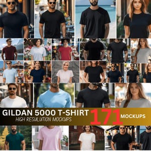 Puede incluir: Un collage de camisetas Gildan 5000 de varios colores. Las camisetas son modeladas por personas de diferentes géneros y etnias. Se muestra el texto "Gildan 5000 T-Shirt" y "High Resolution Mockups". También son visibles el número "171" y la palabra "Mockups".