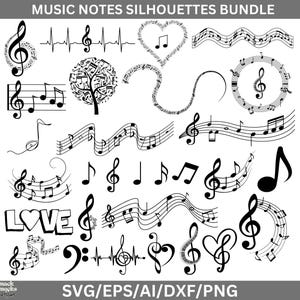 Könnte beinhalten: Ein digitaler Download von 20 schwarzen und weißen Silhouetten von Noten. Die Noten sind in verschiedenen Designs angeordnet, darunter ein Herz, ein Baum, ein Kreis und eine Welle. Der Text "LOVE" ist in einem der Designs enthalten. Der Text "SVG/EPS/AI/DXF/PNG" befindet sich am unteren Rand des Bildes.