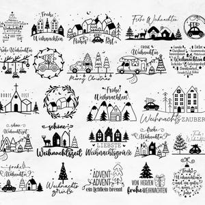 May include: Black and white illustrations of Christmas-themed designs. The designs include houses, trees, stars, and text in German. The text includes phrases like "Frohe Weihnachten" and "Weihnachtszeit".