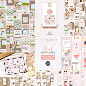 May include: A collage of 131 Instagram post templates for engagement boosting. The templates are in a pink and brown color scheme and feature a variety of designs, including text boxes, images, and graphics. The templates are designed to be used with Canva.