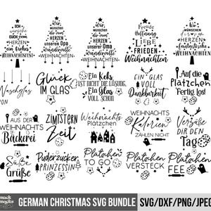 May include: A black and white digital download bundle of 16 German Christmas SVG designs. The designs feature various Christmas-themed phrases and images, including Christmas trees, cookies, and glasses. The text includes phrases like "Glück im Glas" and "Weihnachtsplätzchen".