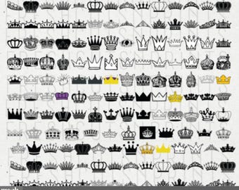 May include: A large collection of black and white crown SVG cut files. The crowns are in various styles and sizes.  SVG/PNG/JPG/EPS/DXF