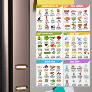 May include: Six colorful refrigerator magnets with images of food and text labels. The magnets are labeled "Condiments and Oil", "Meat and Nuts", "Fruits and Veggies", "Dairy Guide", "Snack Guide", and "Drink Guide".